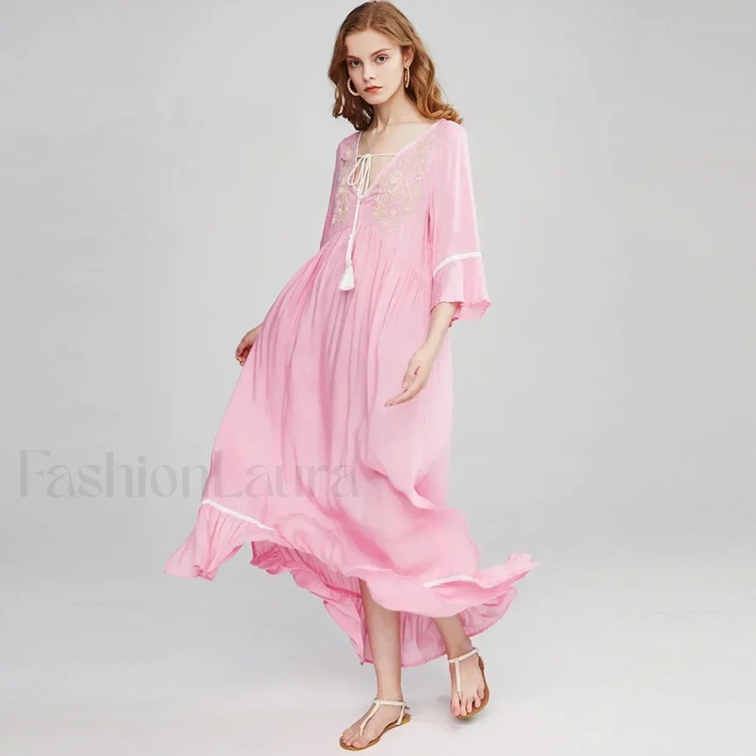 Floral Flare-Sleeve Boho Dress