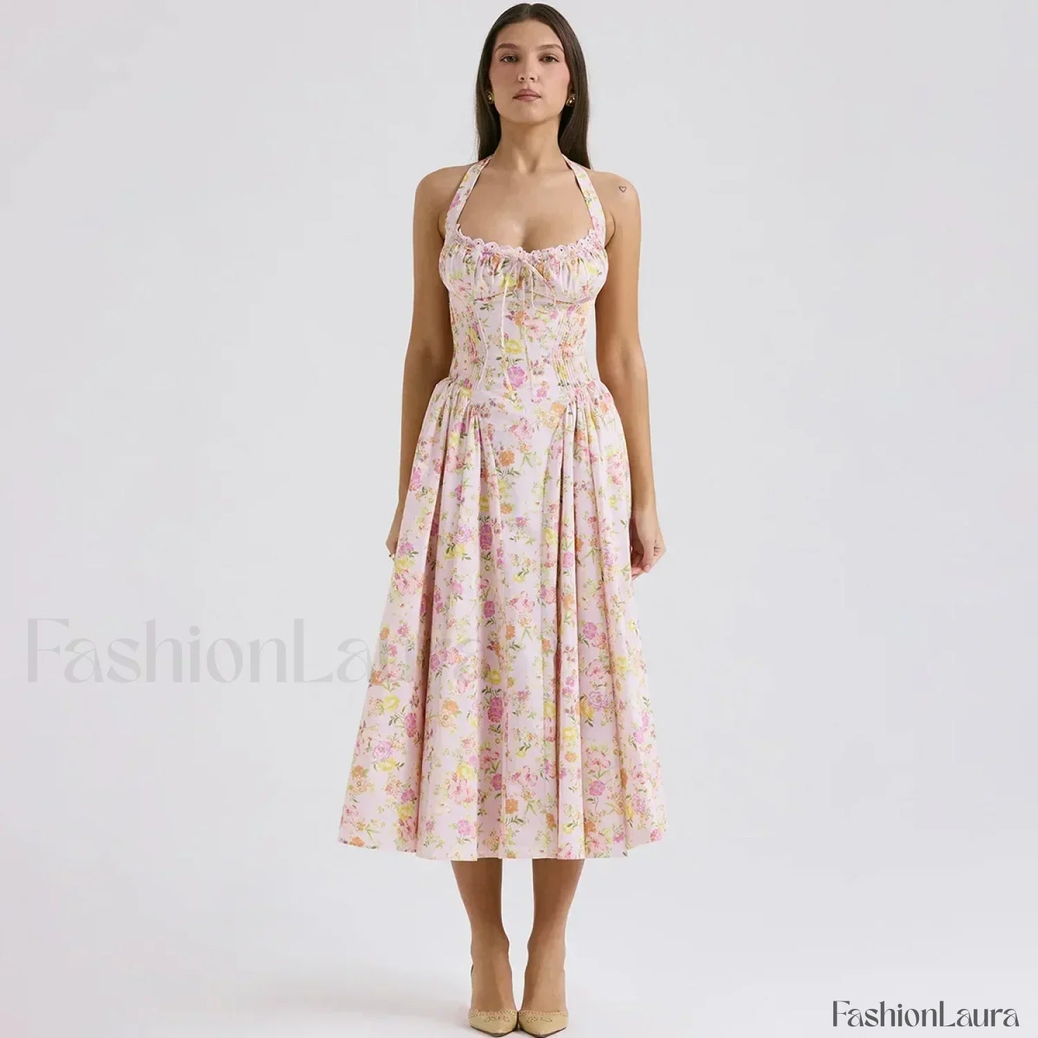 Floral Halter Backless Midi Dress