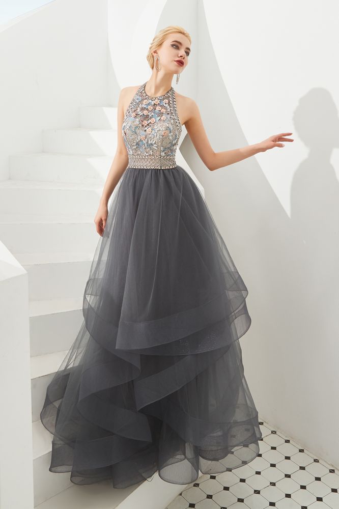 Floral Halter Evening Dress with Sparkle Beads Trendy Gray Mother of the bride Dress with watermelon and blue decorations