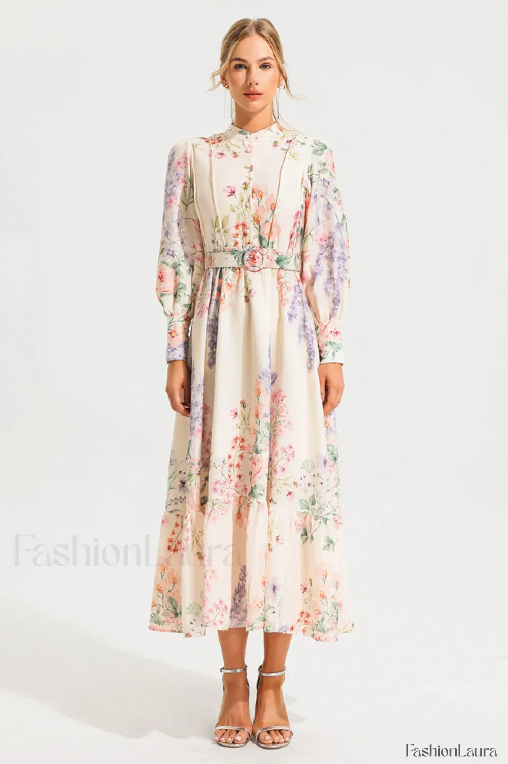 Floral Long Sleeve Charming Maxi Dress With Belt