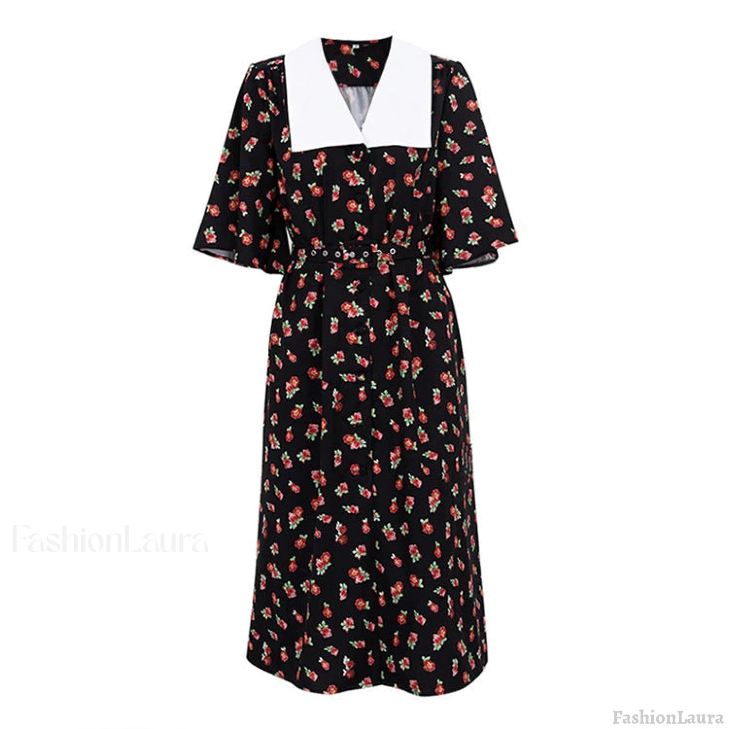 Floral Print Slit Tight Waist A line Dress Elegant Short Sleeve Doll Collar Dress S / Black