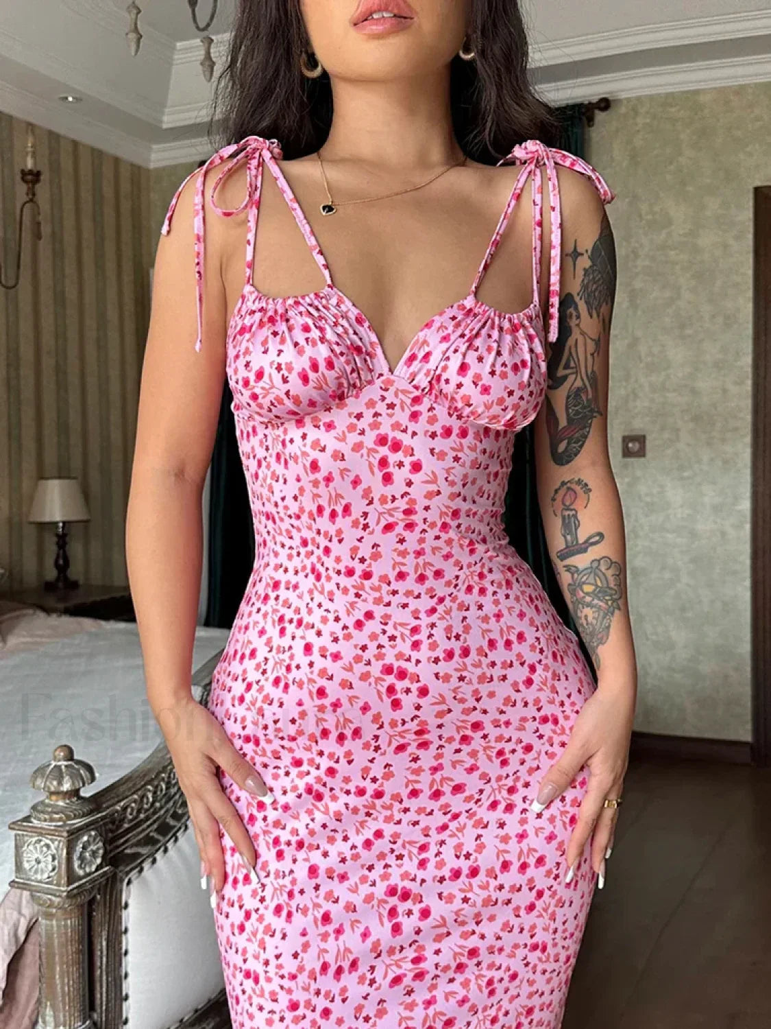 Floral Ruffle Lace-Up Maxi Dress