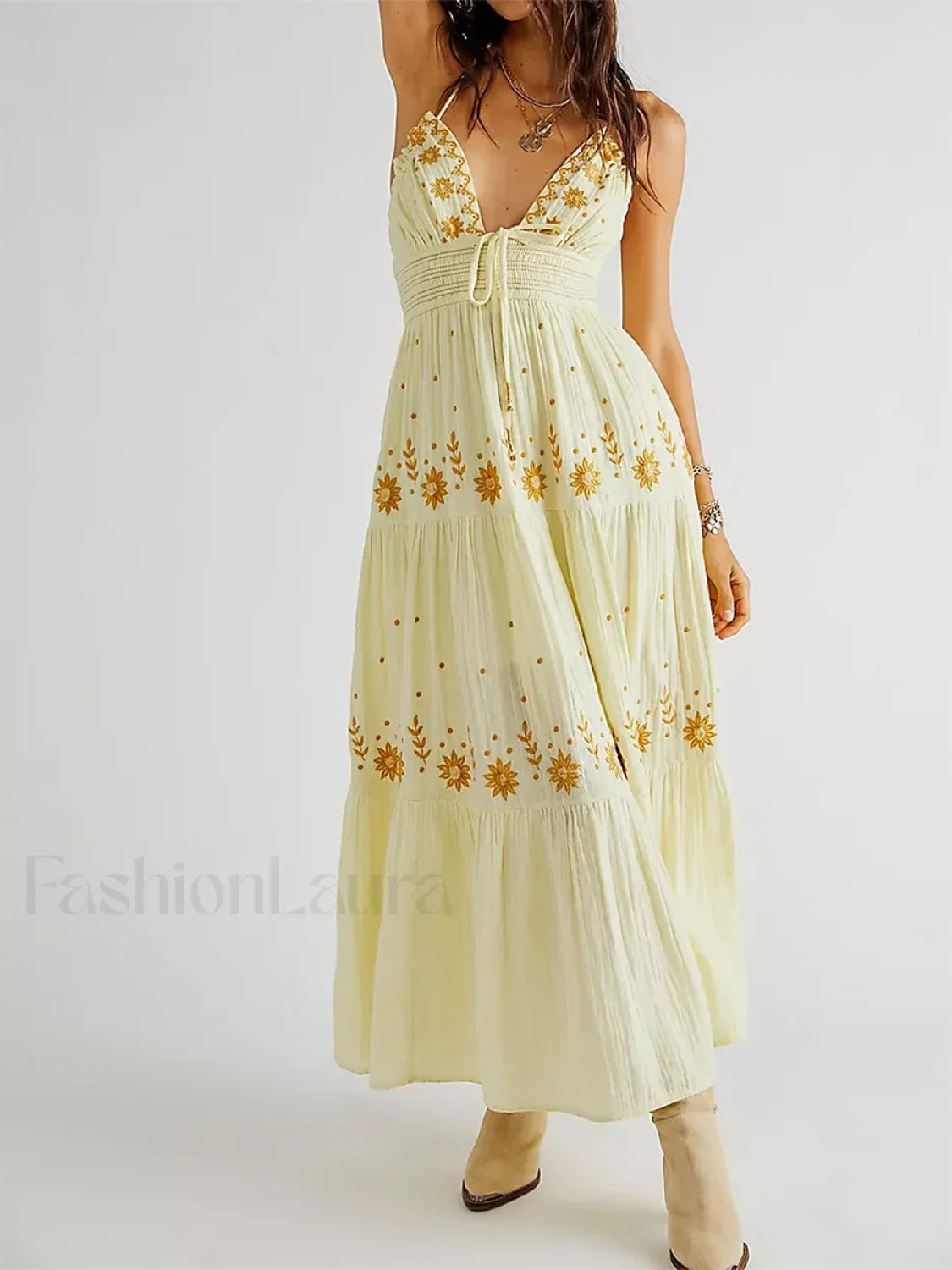 Floral Tie Up Halter Boho Dress color1 / S