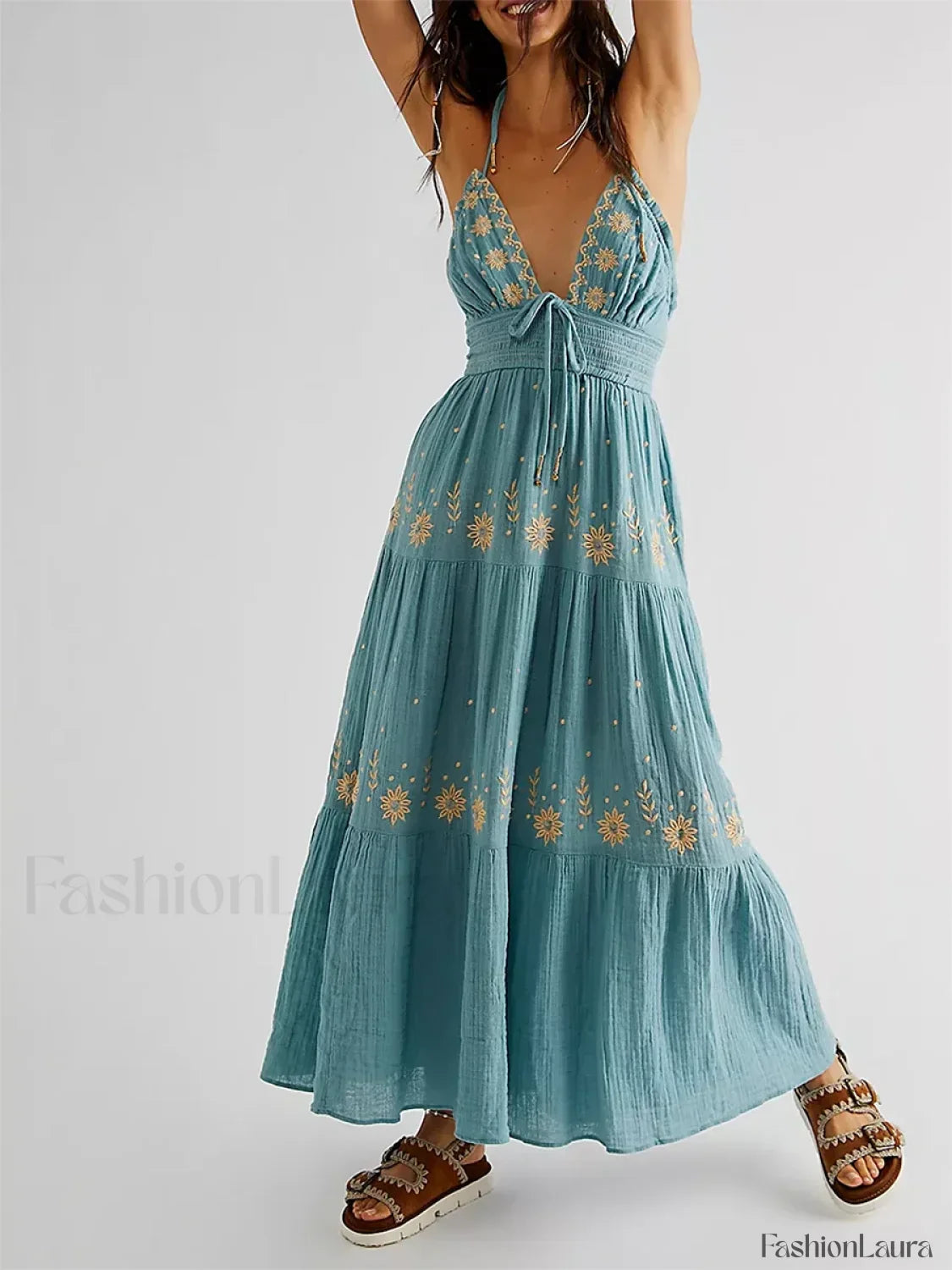 Floral Tie-Up Halter Boho Dress