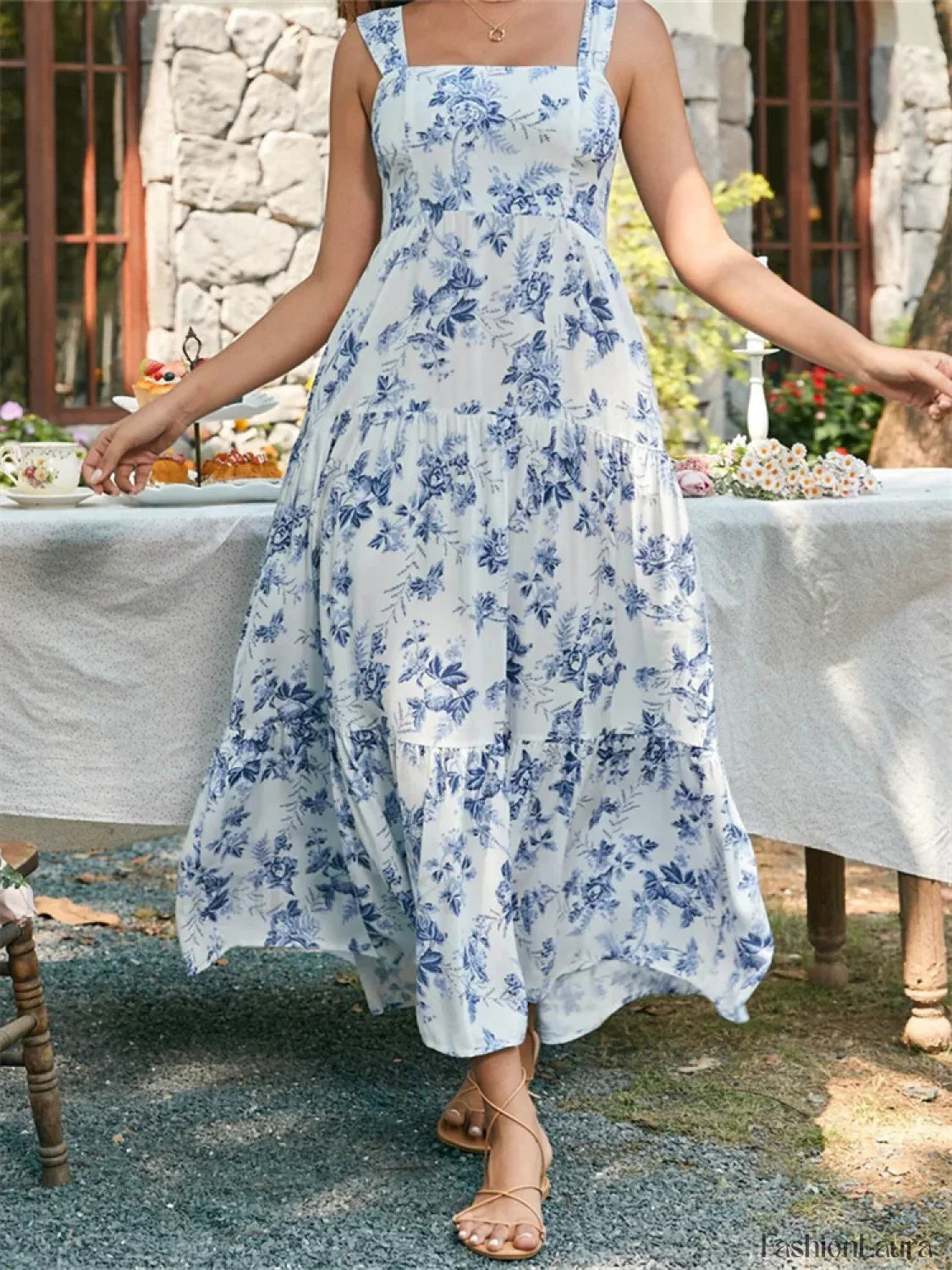 Floral Wide Strap A-Line Maxi Dress