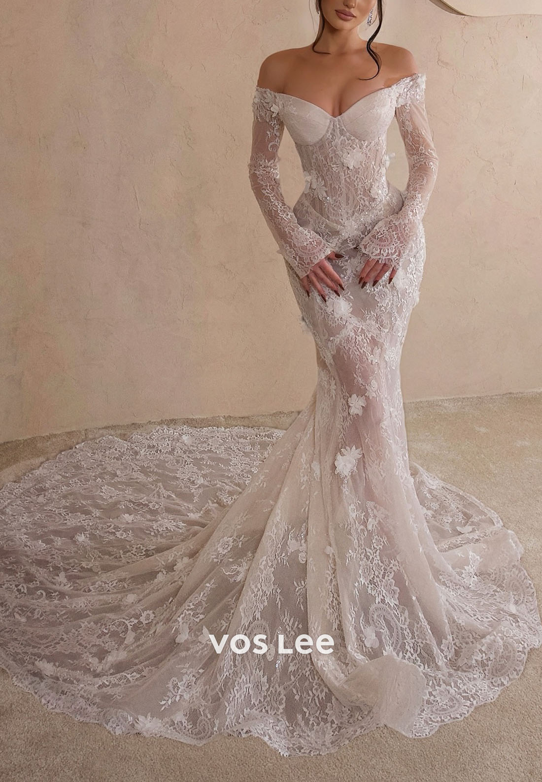 3D Floral Sheer Lace Wedding Dress Off-Shoulder Mermaid Bridal Gown