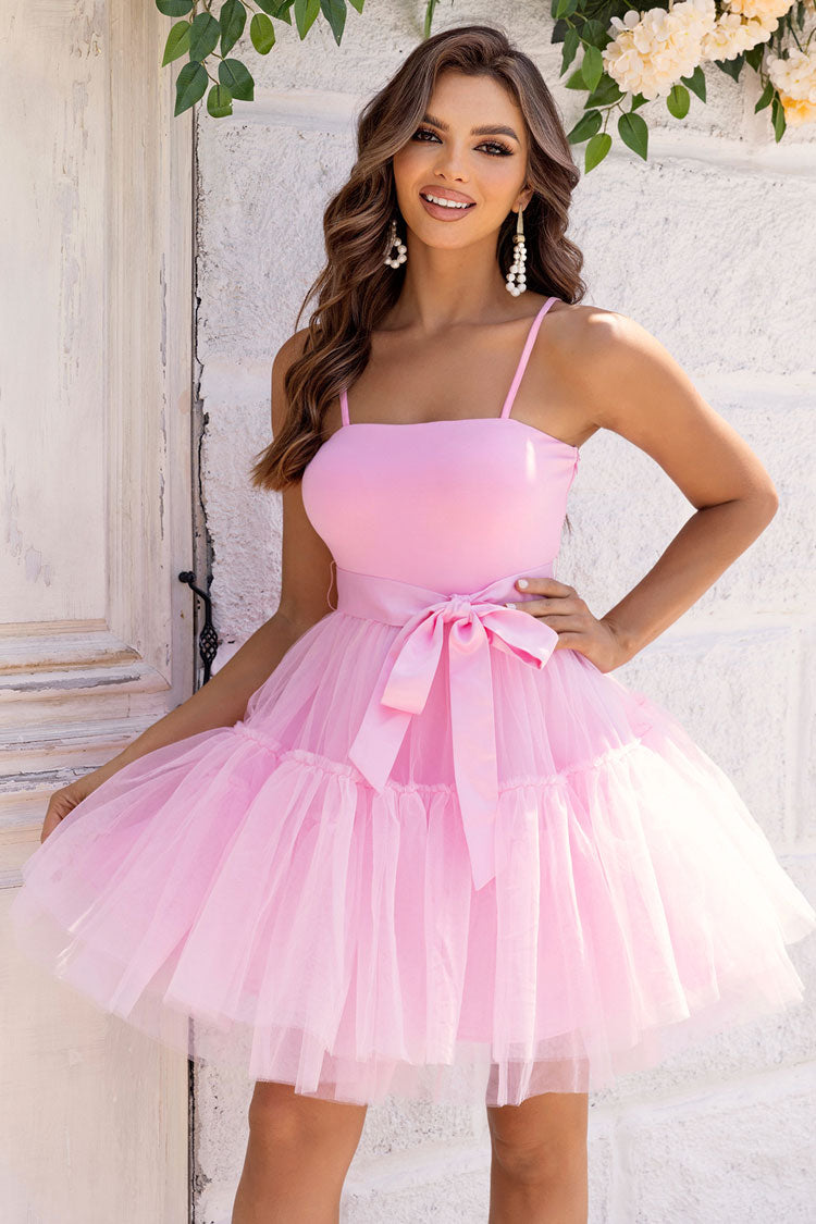 Flowy Square Neck Spaghetti Strap Bow Tie Tulle Skater Party Mini Dress - Fashionpara