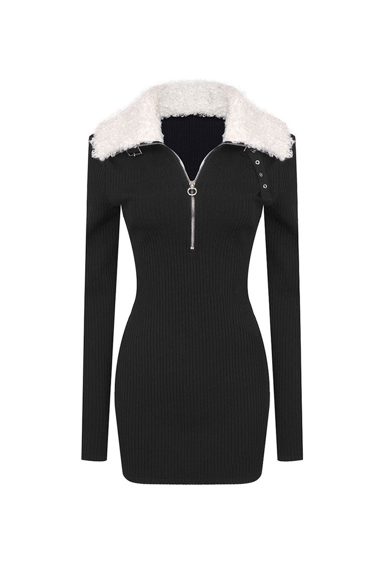 Fluffy Zipper Collar Long Sleeve Bodycon Ribbed Bandage Party Mini Dress - Fashionpara