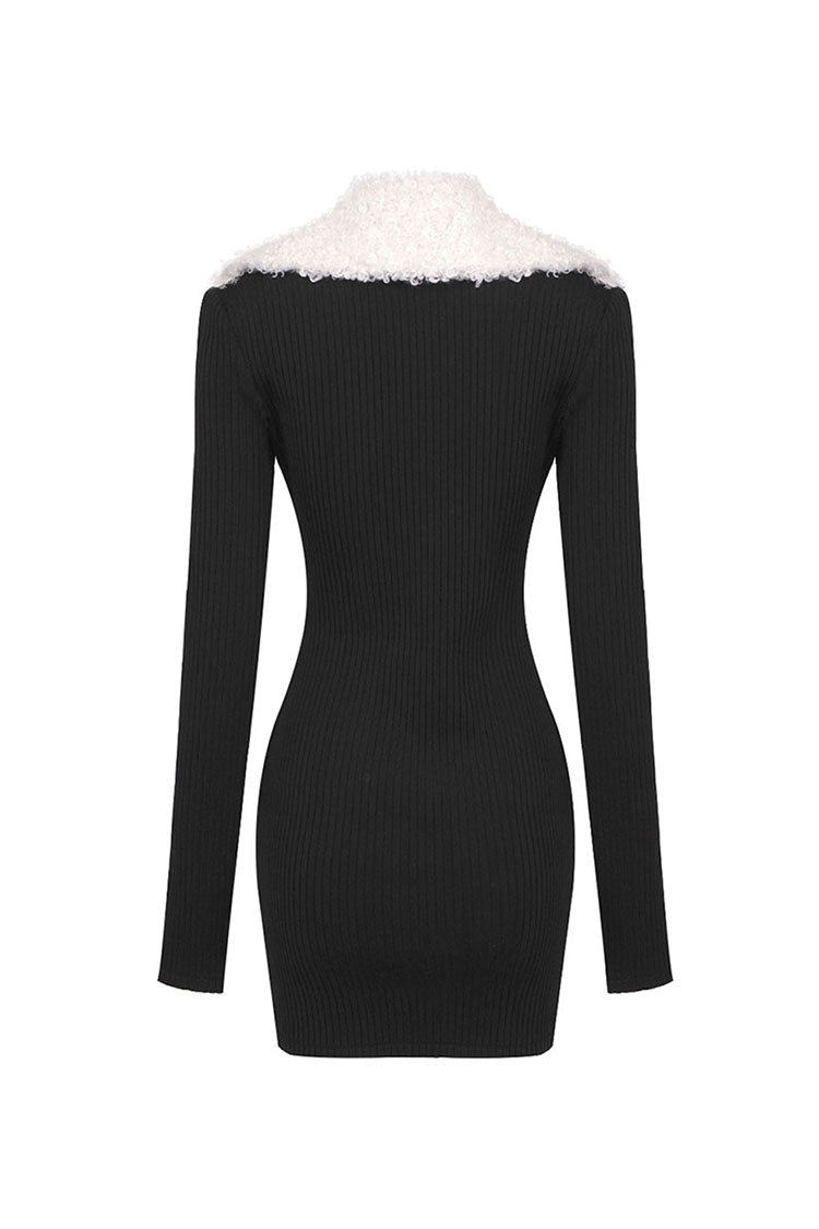 Fluffy Zipper Collar Long Sleeve Bodycon Ribbed Bandage Party Mini Dress - Fashionpara