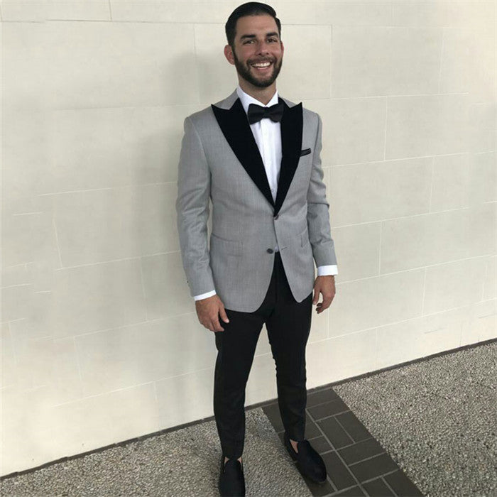 Formal Grey Slim-Fit Business Mens Suits with Black Peaked Lapel
