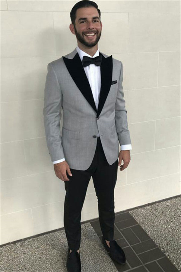 Formal Grey Slim-Fit Business Mens Suits with Black Peaked Lapel
