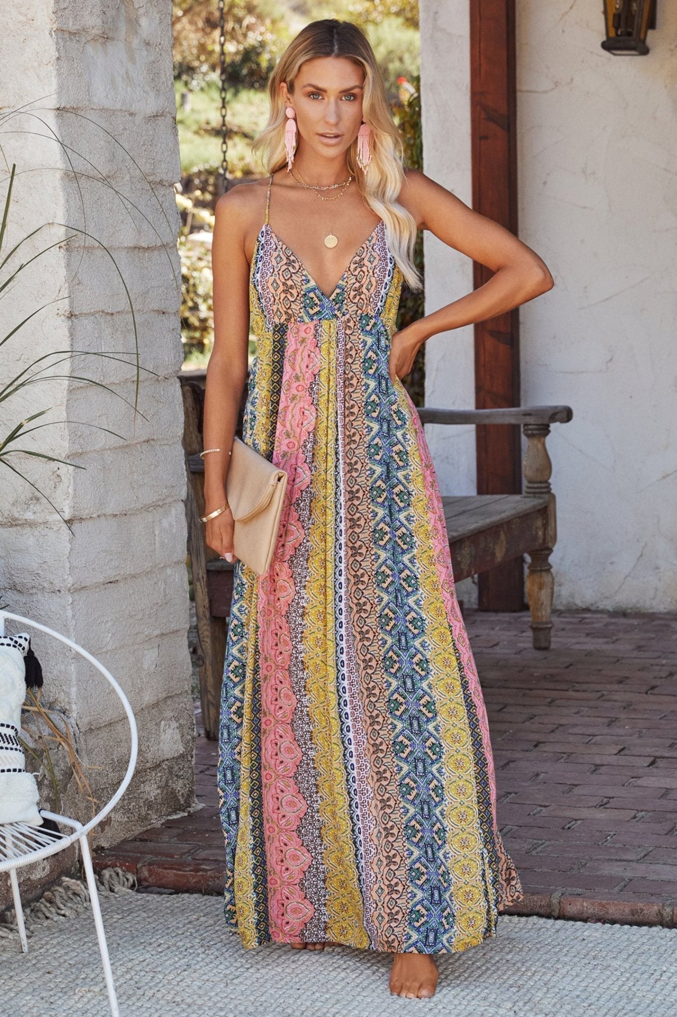 Hana Premium Backless Maxi Summer Dress with Stripes and Freda Print Boutique Collection