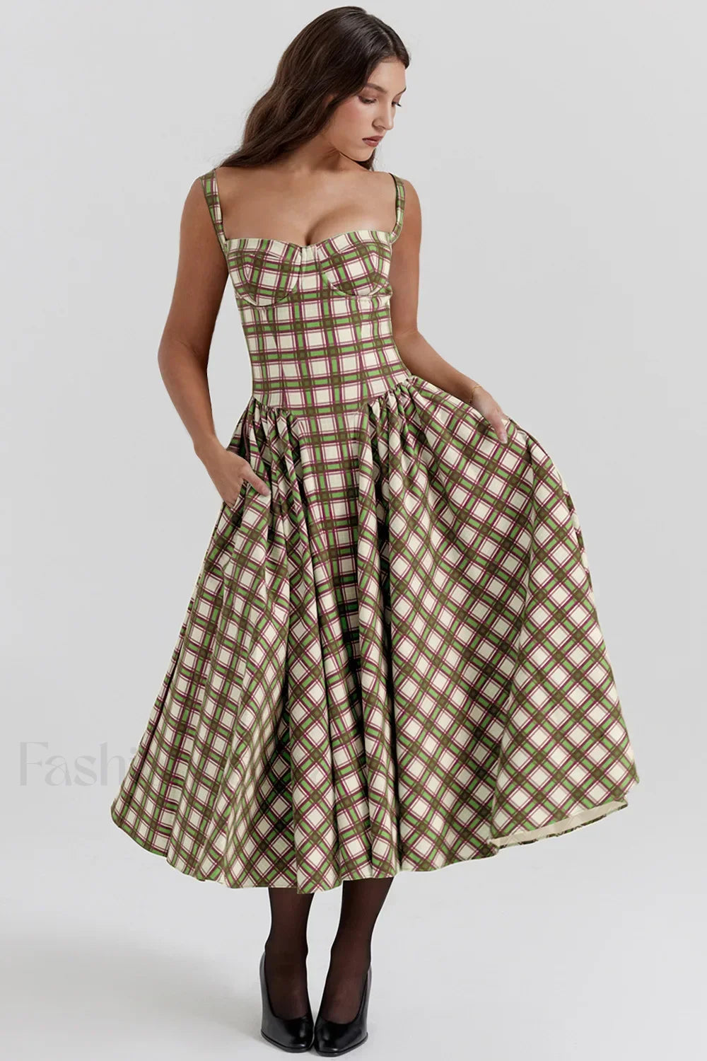 French Vintage Strap Midi Dress Tartan 2 / S