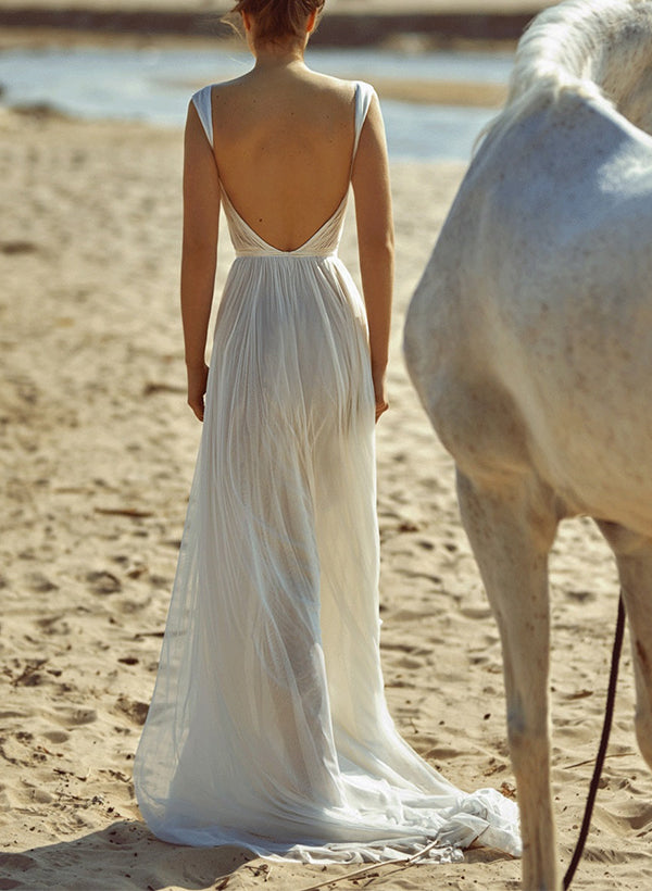 Front Split Chic A-line V-Neck Backless Pleated Tulle Wedding Dresses