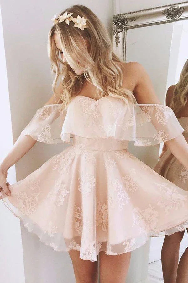 A-Line Off Shoulder Mid Back Lace Homecoming Dresses (ZD11587) - VelvetHem
