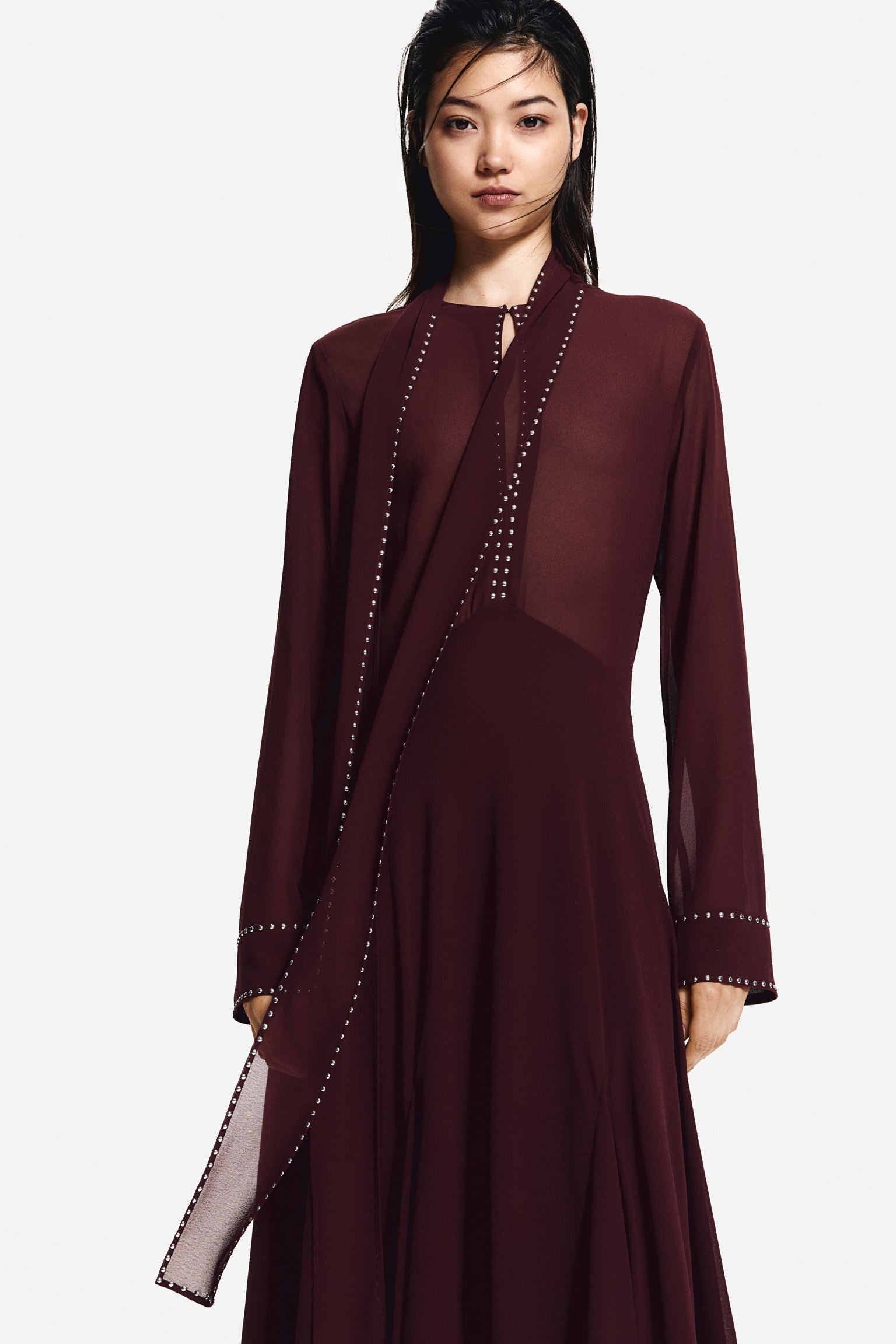 Aesthetic Leila Chiffon Midi Dress with Rivets Chic Silhouette Collection