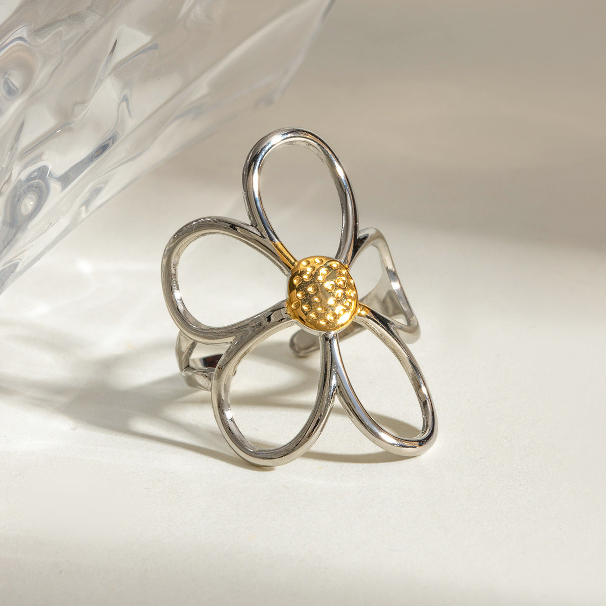 Gold and Silver Colorblock Hollow Flower Design Vintage Adjustable Ring G19