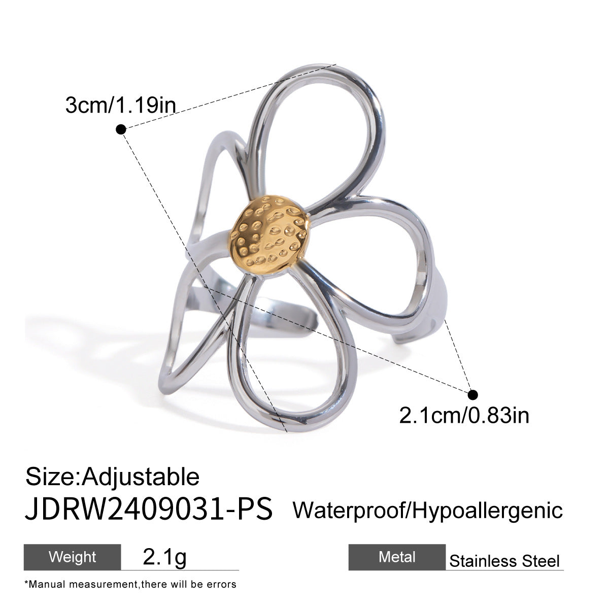 Gold and Silver Colorblock Hollow Flower Design Vintage Adjustable Ring G19