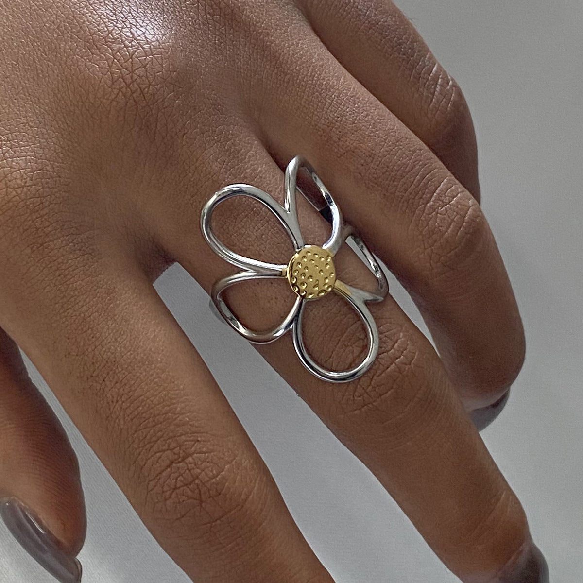 Gold and Silver Colorblock Hollow Flower Design Vintage Adjustable Ring G19