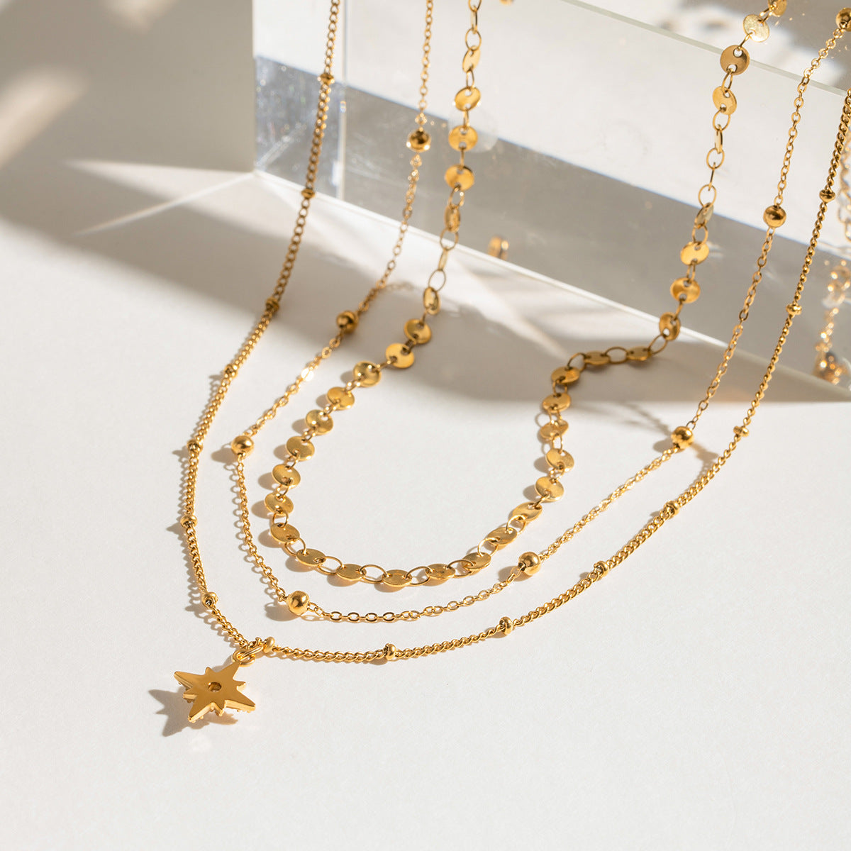 Stainless Steel 3 Layer Necklace Star Rhinestone Jewelry G2