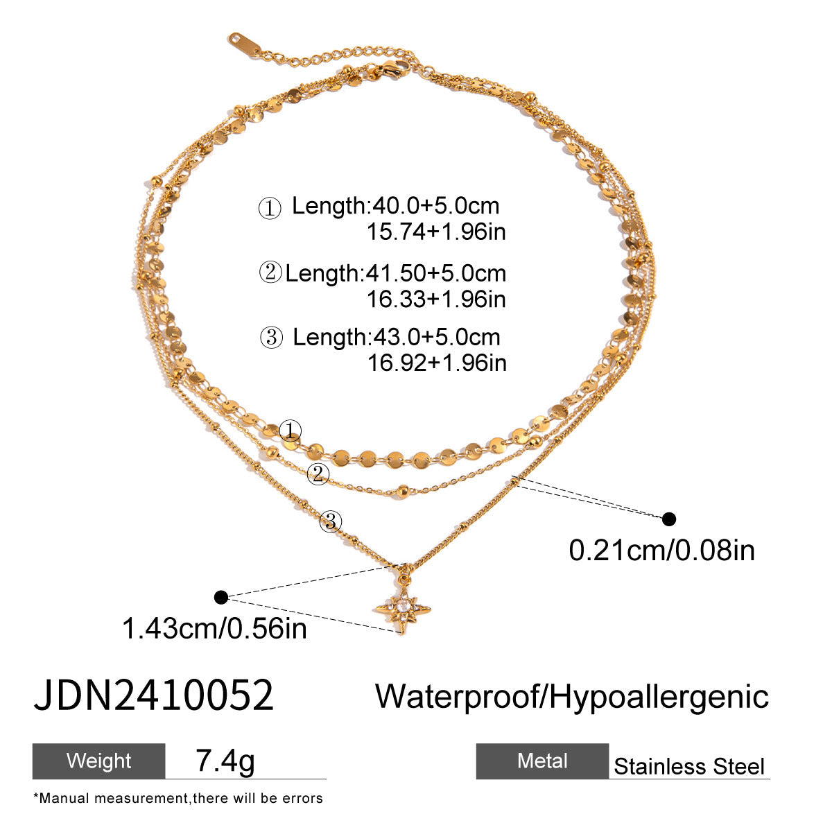 Stainless Steel 3 Layer Necklace Star Rhinestone Jewelry G2
