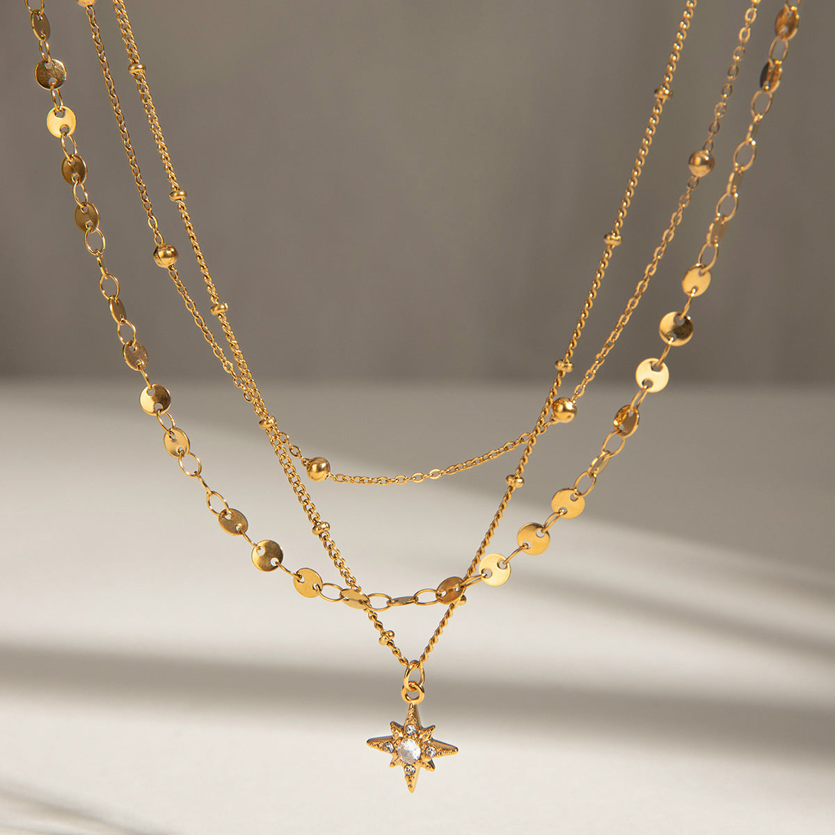 Stainless Steel 3 Layer Necklace Star Rhinestone Jewelry G2