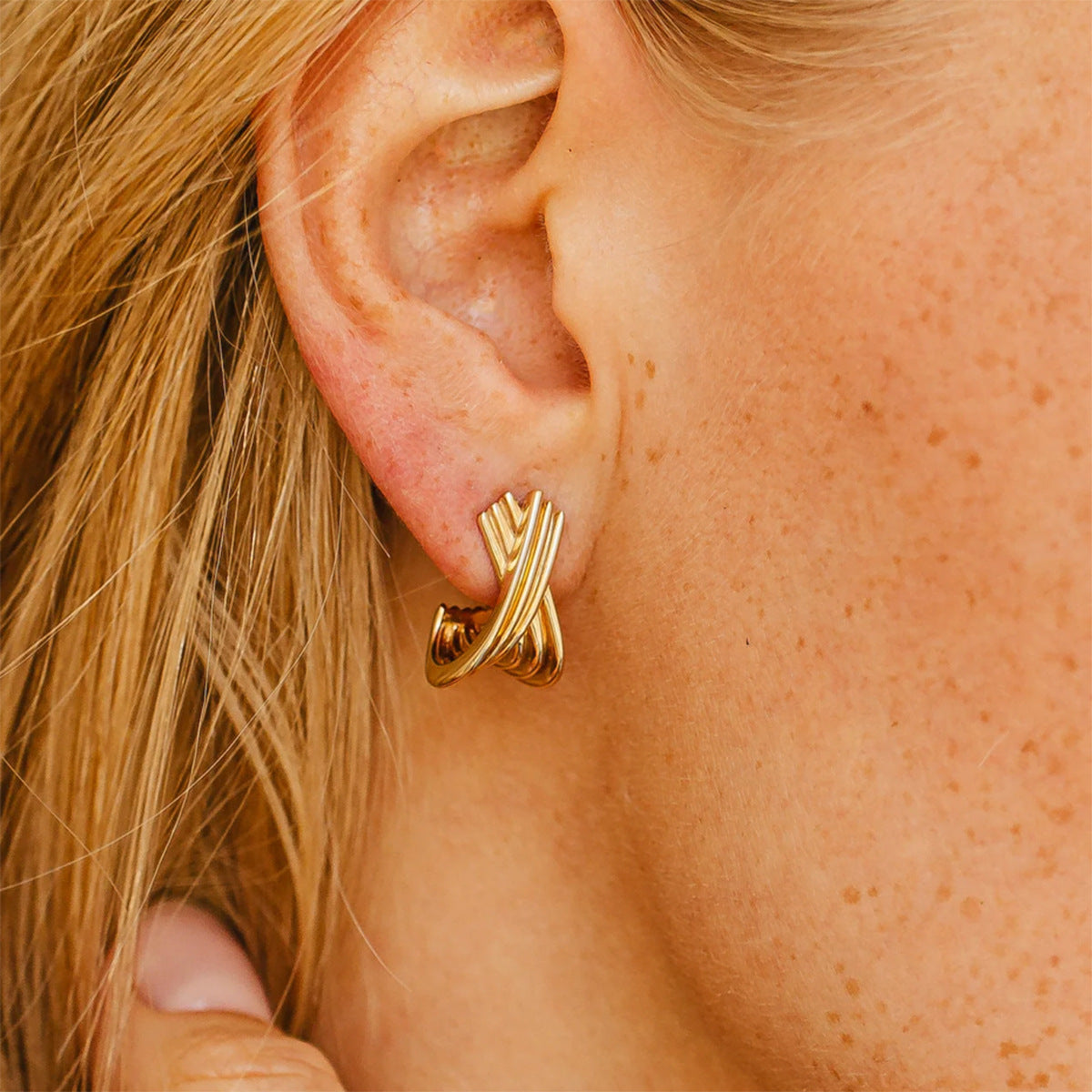 Fashion Gold Stainless Steel Simple Line X-shaped Earrings G27