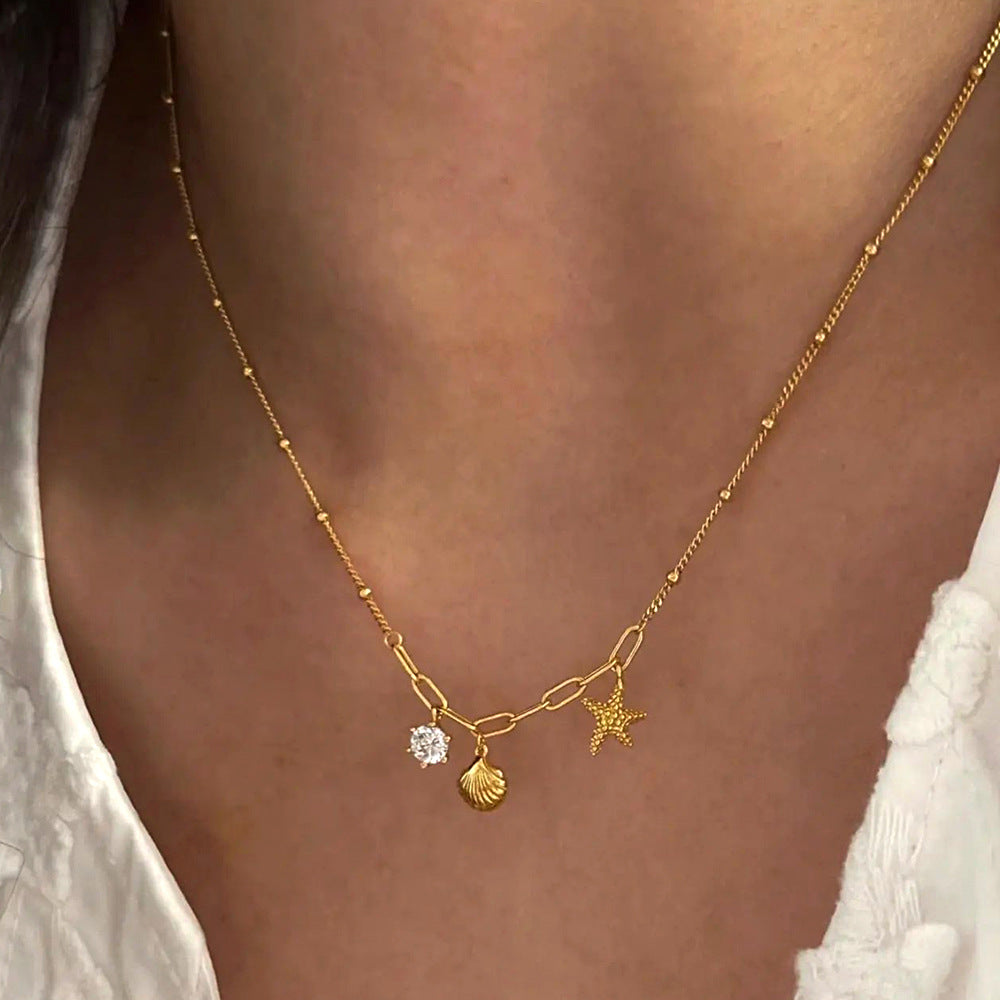 Stainless Steel Necklace with Shell and Starfish Pendant G3