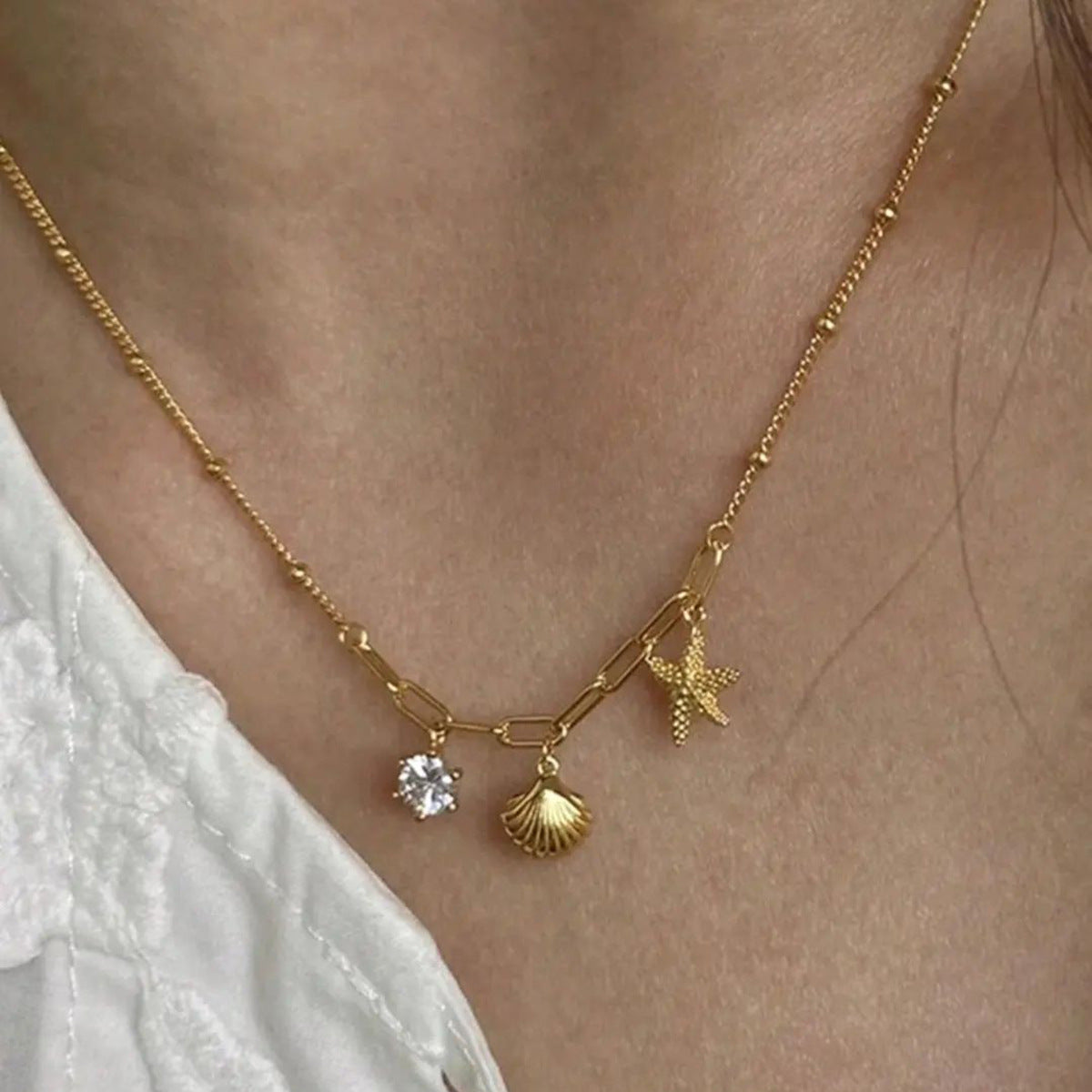 Stainless Steel Necklace with Shell and Starfish Pendant G3