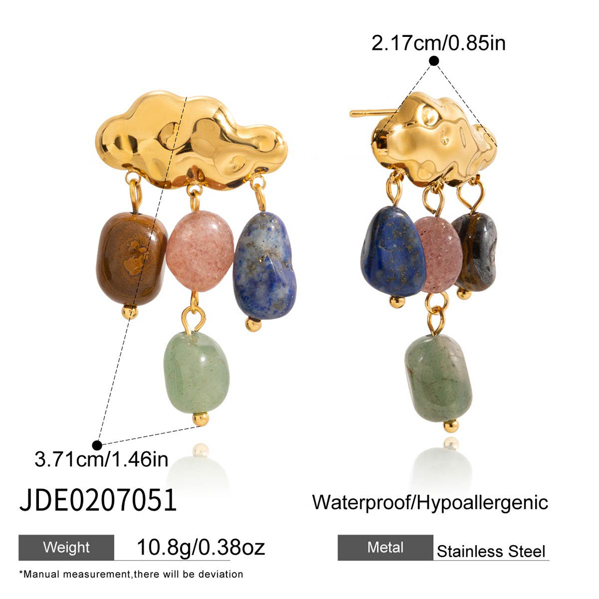 Retro Colored Natural Stone Cloud Tassel Pendant Stainless Steel Earrings