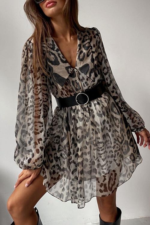 Gail Printed V - neck Belted Chiffon Mini Dress