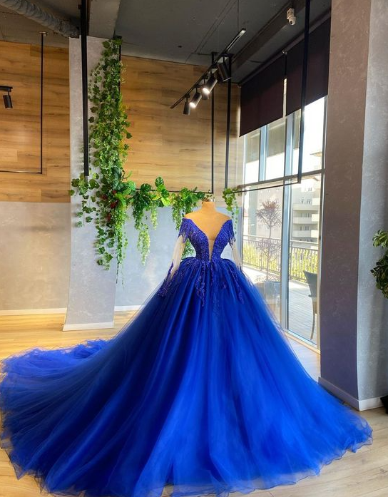long sleeve royal blue prom dresses ball gown lace applique beaded vintage tulle elegant princess prom gown