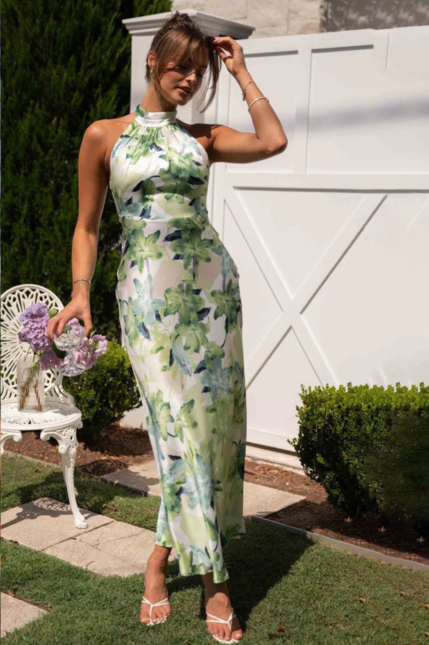 Timeless Renata Printed Halterneck Midi Dress in Backless Satin Statement Occasion Edit