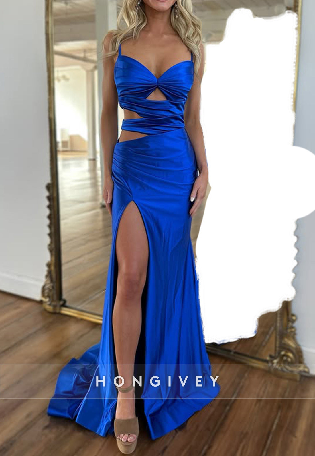 Spaghetti Straps mermaid Pleats Sleek Prom Dresses