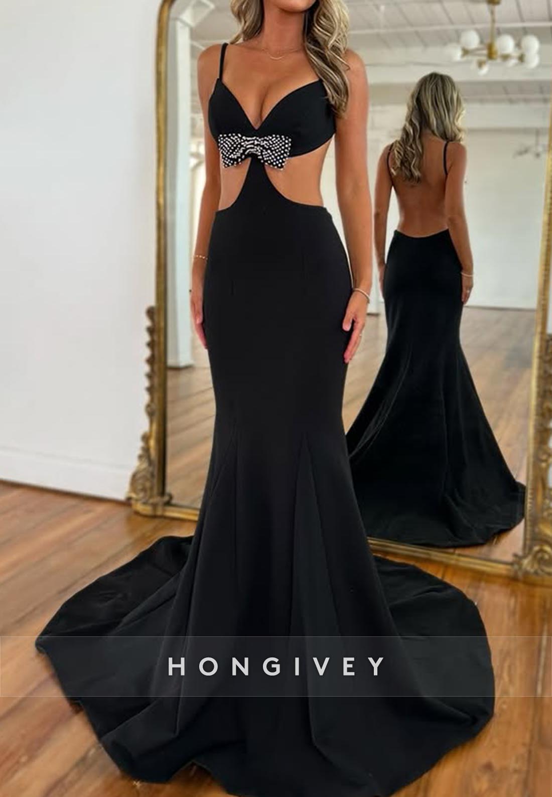 Open-Back V-Neck Bowknot Mermaid Prom Dresses with Train