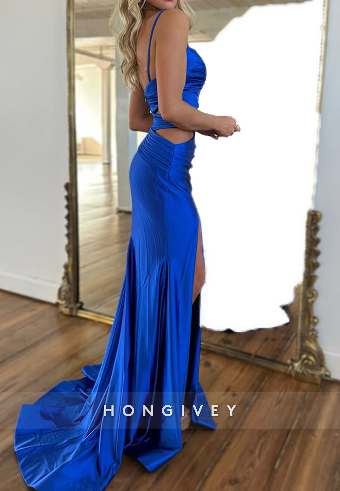 Spaghetti Straps mermaid Pleats Sleek Prom Dresses