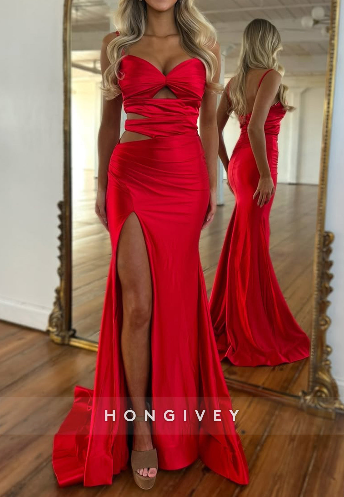 Spaghetti Straps Sweetheart Pleats Split Prom Dresses