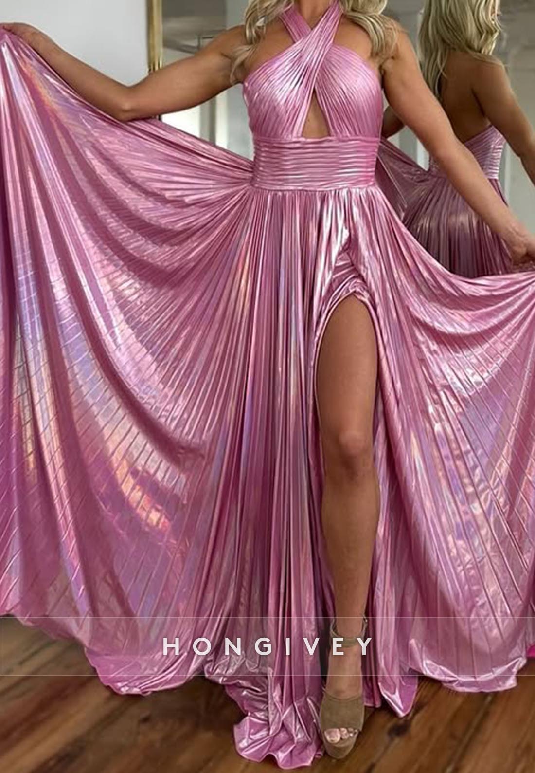 Sparkly Cross-Neck Ruched High Slit Simple Long Prom Dresses