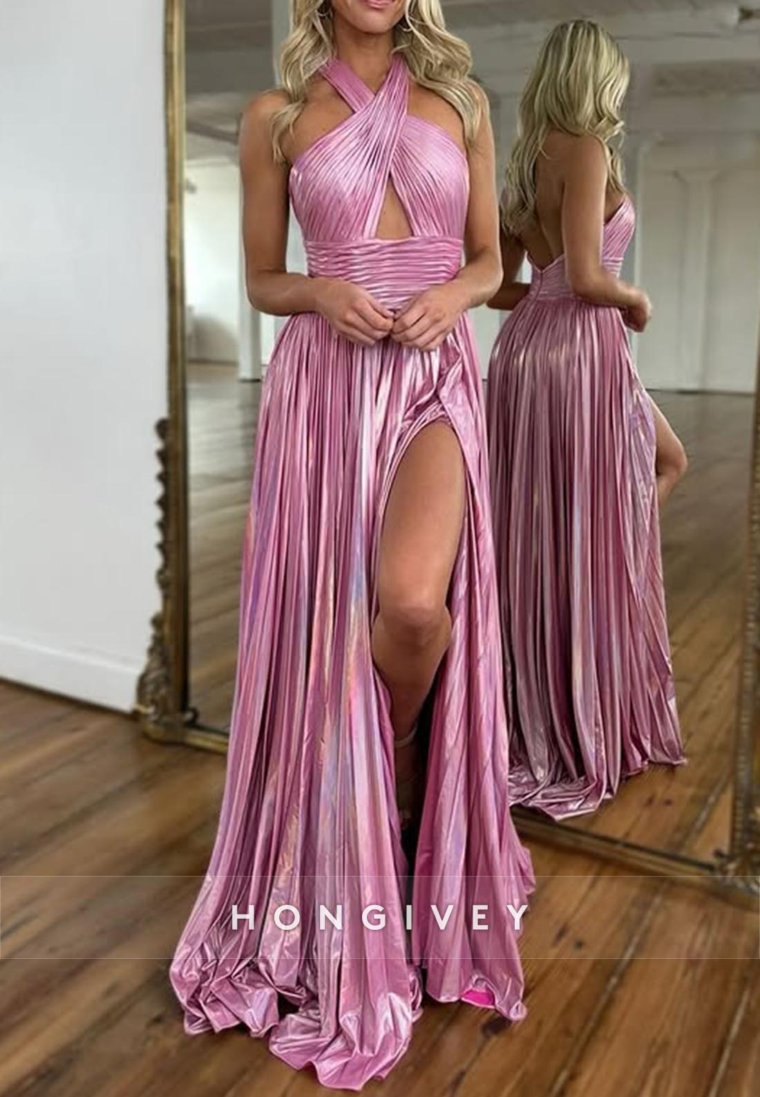 Sparkly Cross-Neck Ruched High Slit Simple Long Prom Dresses