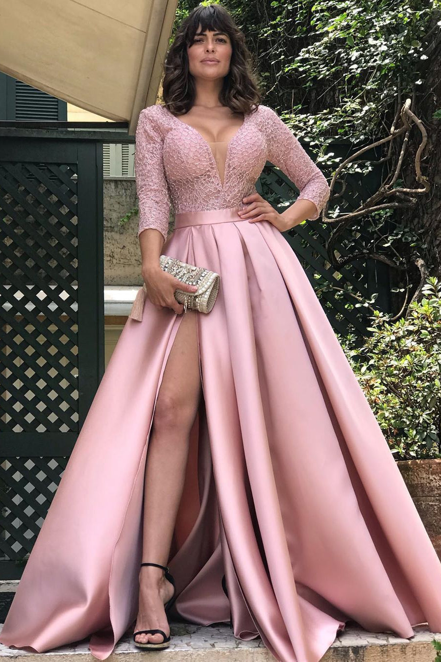 Glamorous 3/4 Sleeves Lace Prom Dress Long With Slit Online