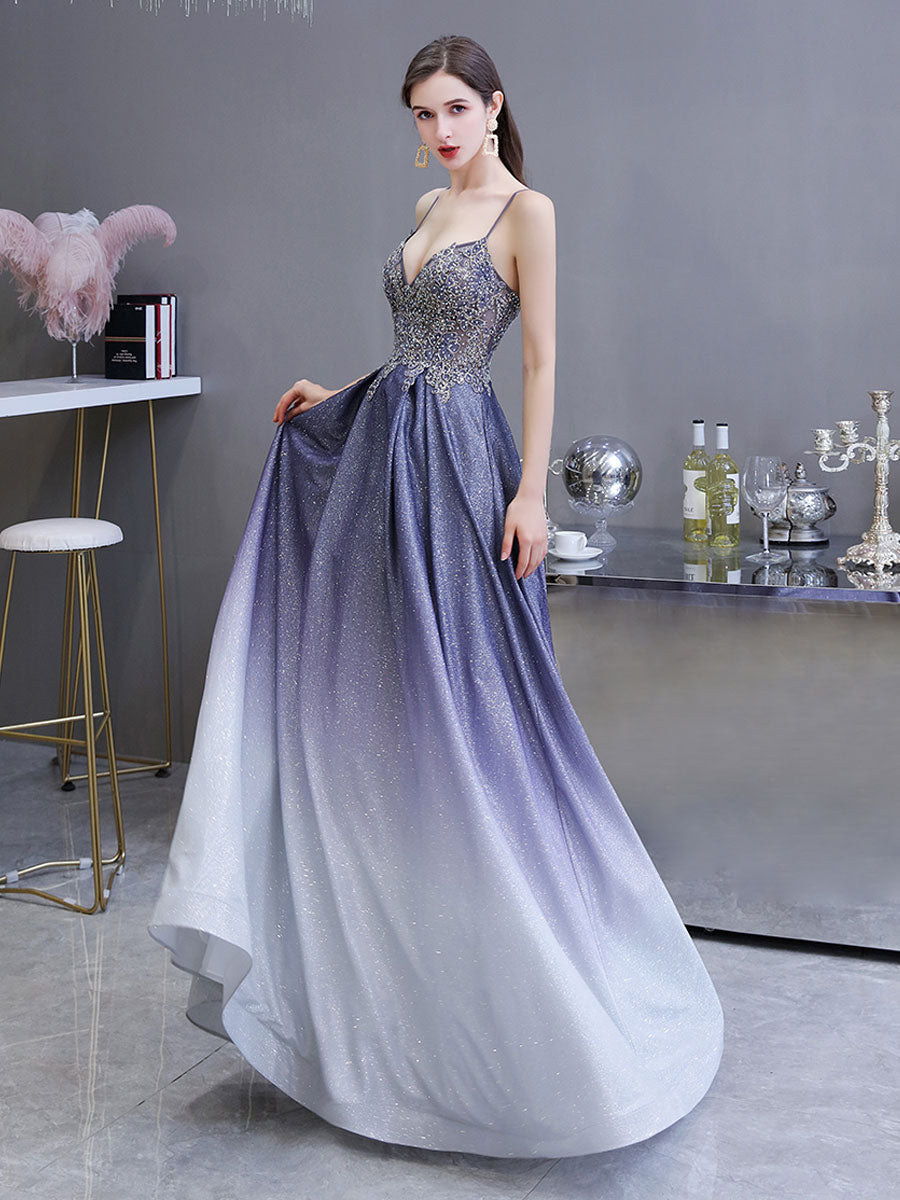 Glamorous evening dress A-Line Sweetheart Neck Straps Sleeveless Metallic Gradient Color Floor-Length Formal Party Dresses