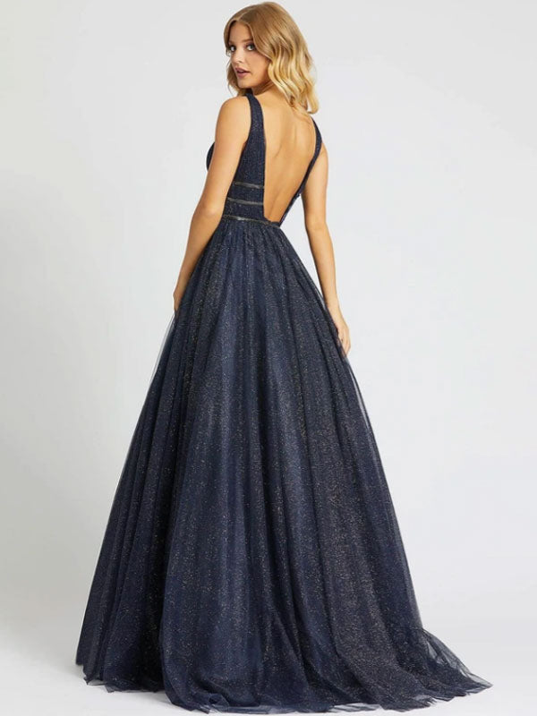 Glamorous Evening Dress Princess Silhouette V-Neck Sleeveless Backless Sequins Tulle Social Party Dresses