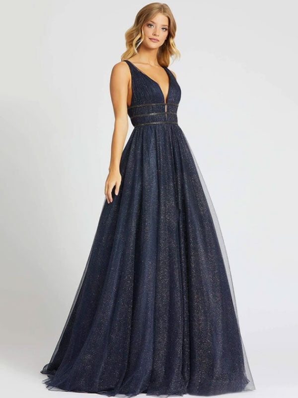 Glamorous Evening Dress Princess Silhouette V-Neck Sleeveless Backless Sequins Tulle Social Party Dresses