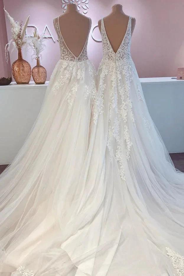Glamorous Long A-Line Open Back Tulle Appliques Lace Wedding Dress (ZD15209)