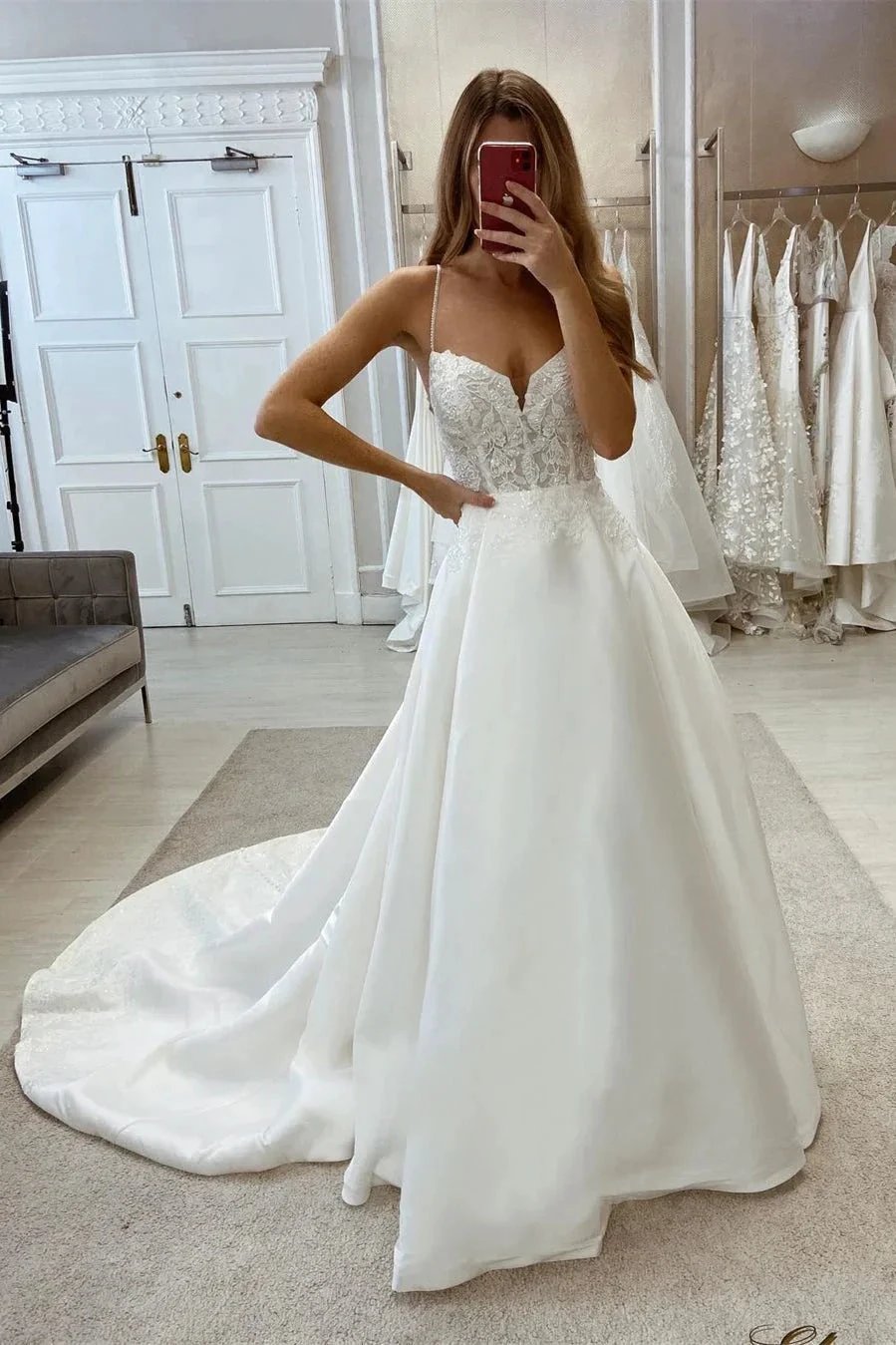 Glamorous Long A-line Sleeveless V-neck Satin Wedding Dress With Lace (ZD16539)