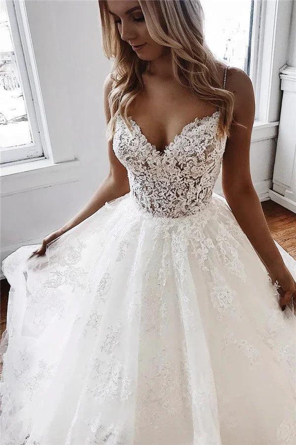 Glamorous Long A-Line Spaghetti-Straps Lace Appliques Wedding Dresses (ZD14339)