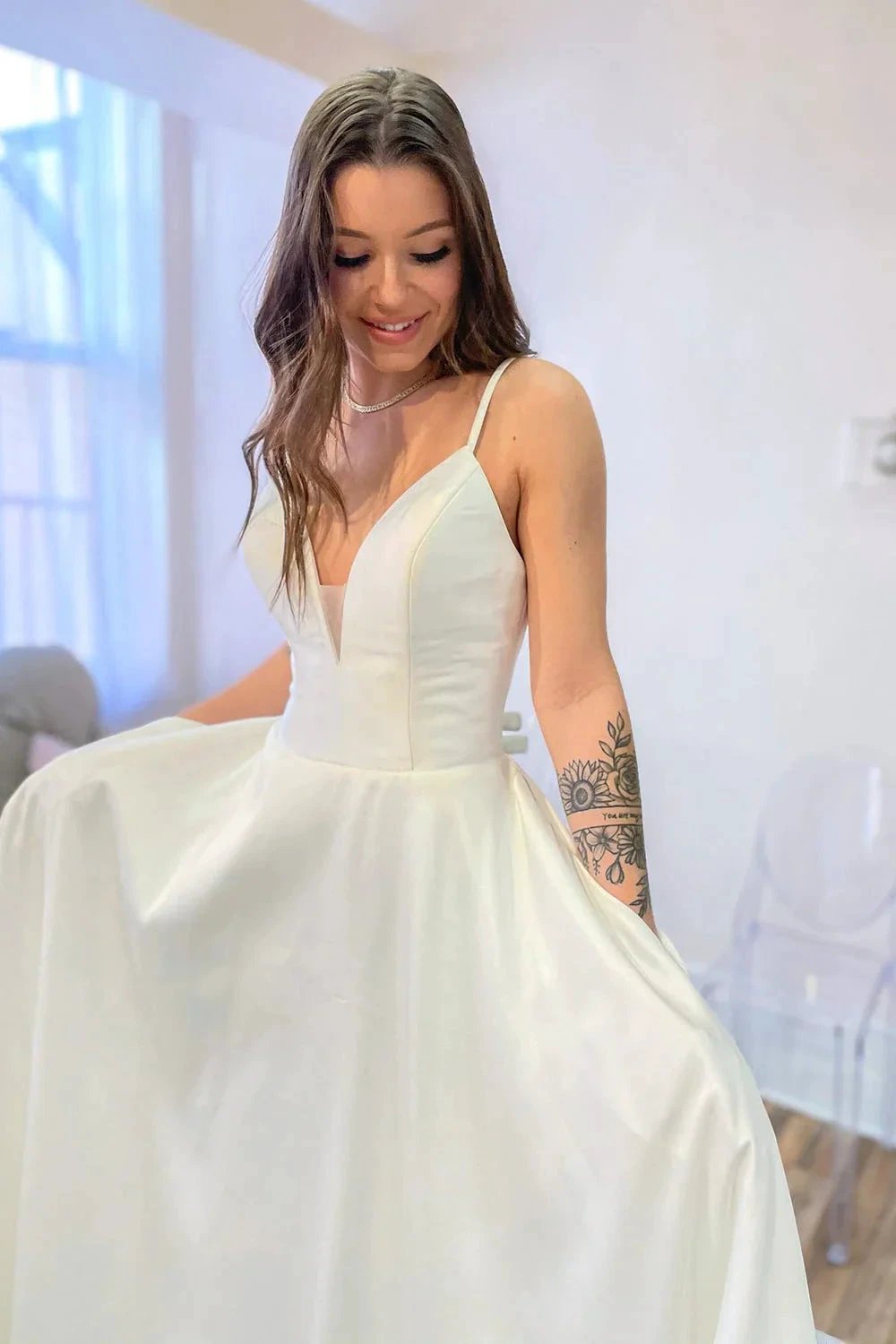 Glamorous Long A-Line Sweetheart Satin Backless Wedding Dress With Pockets (ZD14306)