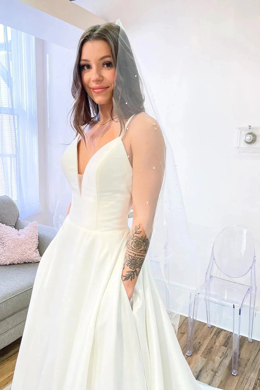 Glamorous Long A-Line Sweetheart Satin Backless Wedding Dress With Pockets (ZD14306)