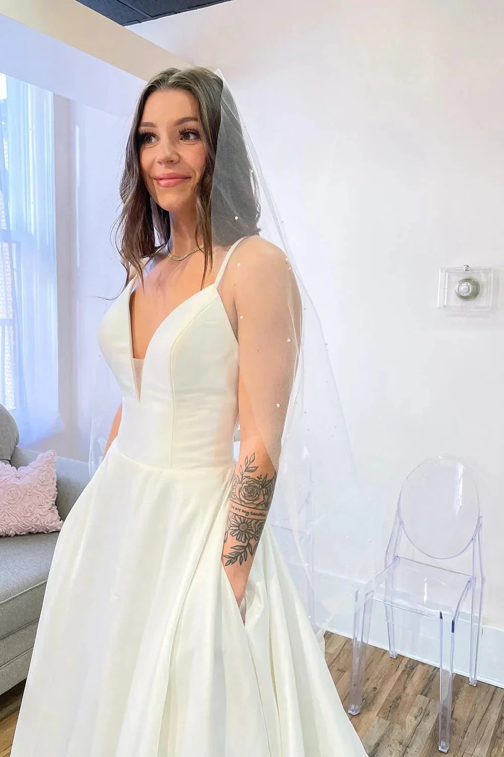 Glamorous Long A-Line Sweetheart Satin Backless Wedding Dress With Pockets (ZD14306)