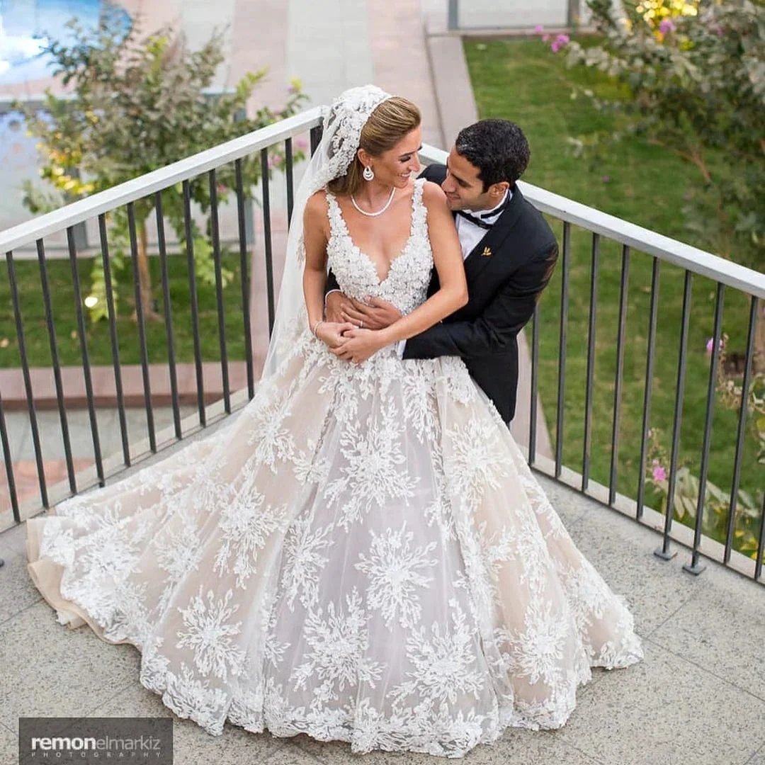 Glamorous Long A-line V-neck Lace Wedding Dress (ZD15028)